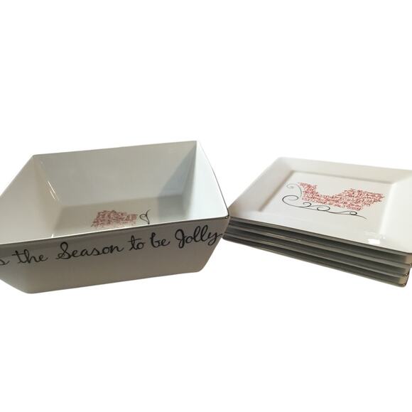 EAT, DRINK & BE MERRY St Nicholas Square Large Serving Holiday Bowl and 4 Plates - Picture 1 of 16
